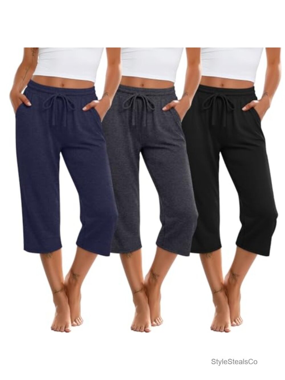 3 Pack Drawstring Capri Sweatpants for Women - Yoga Lounge Athletic Pant